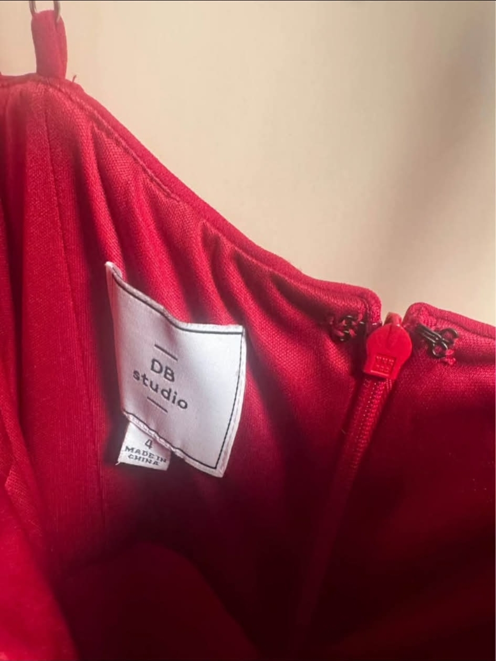 Strapless Red Wedding Dress with Draped Cascade Detail - Picture 3 of 5